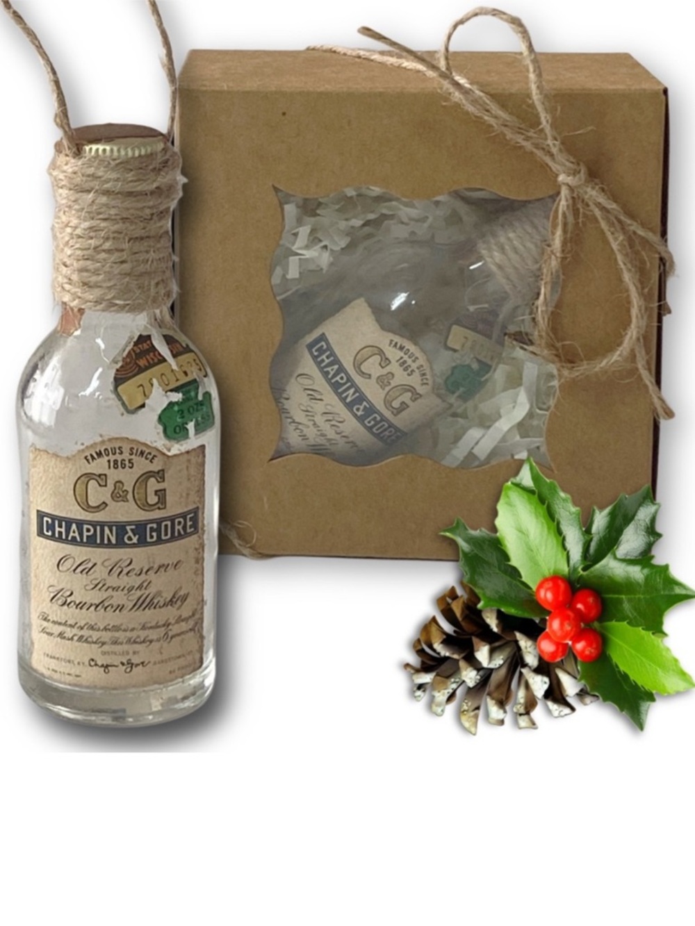 Chapin & Gore Old Reserve Bourbon Artisan Vintage Glass Bottle Ornament